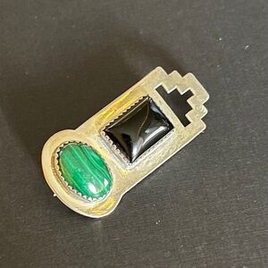 Vintage 925 Sterling Silver Pin Brooch w/ Onyx & Malachite